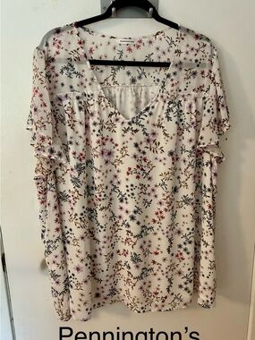 277 Penningtons Floral V-Neck Ruffle Sleeve Top - Cream/Pink